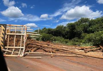 Carreta carregada de eucalipto tomba e interdita trecho da BR-158